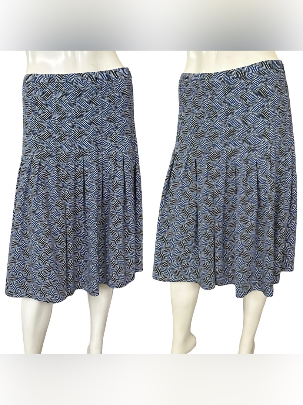 Akris Punto Tiered Panel White Blue Black Swirl Workwear Dressy Skirt Size US 4